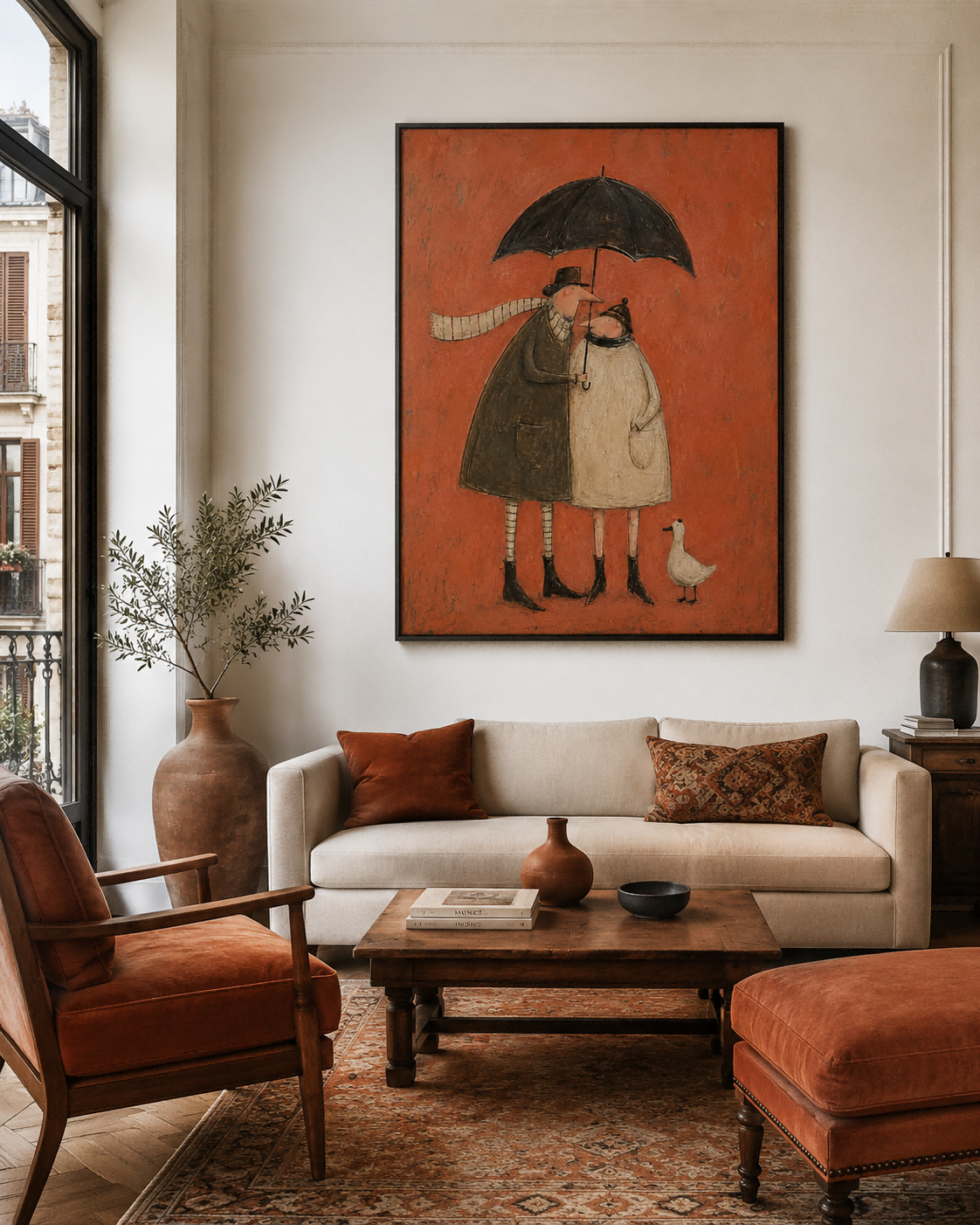 Vintage Couple With Umbrella And Duck Hand-Painted Canvas Wall Art In Warm Orange Tones