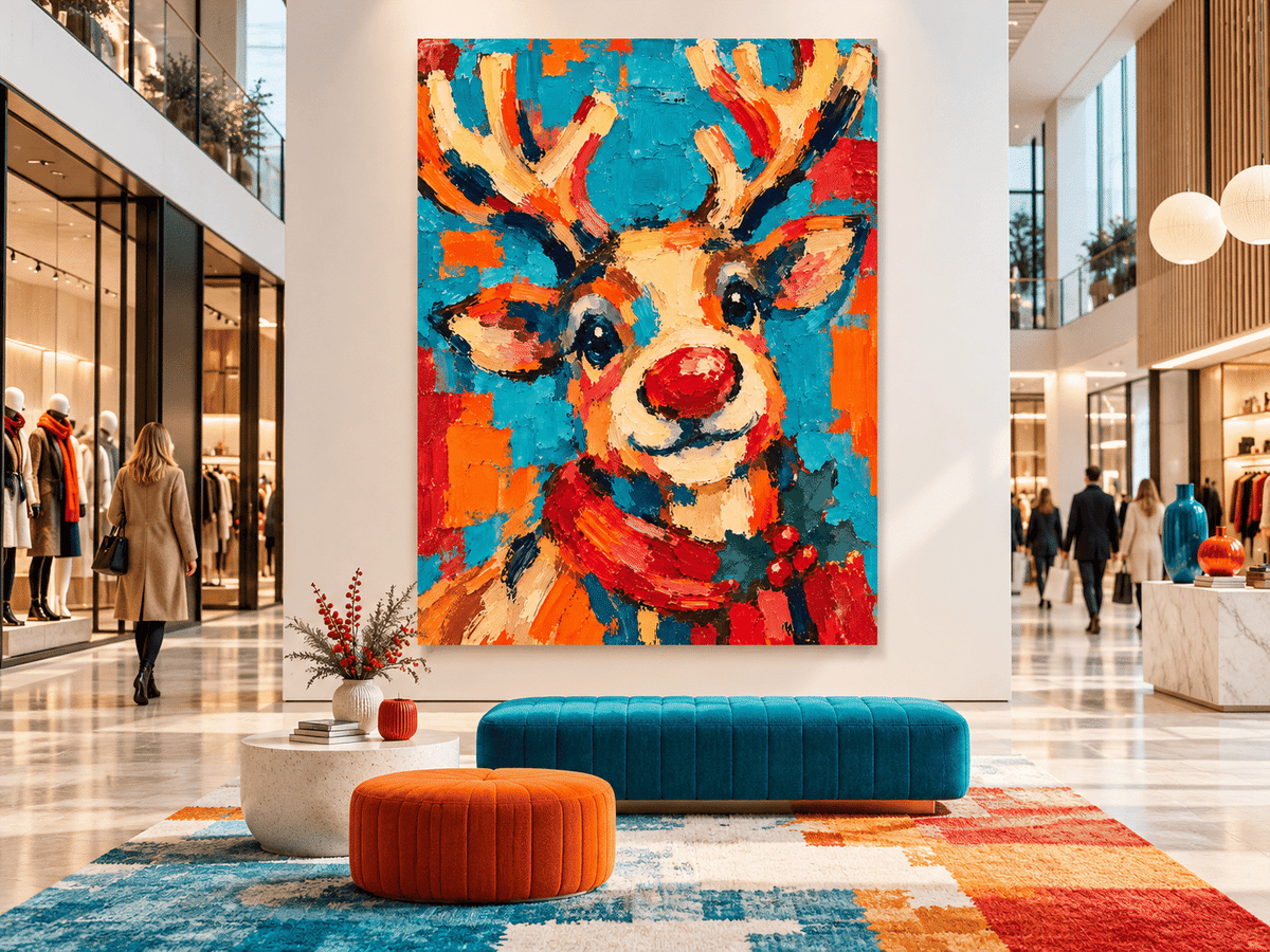 Hand-Painted Reindeer Canvas Art With Red Nose And Holiday Scarf Festive Holiday Wall Art For Living Room Modern Colorful Decor
