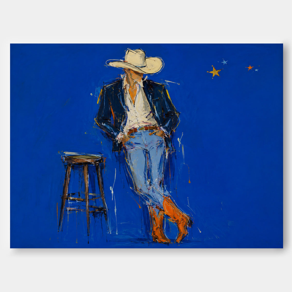 Cowboy In Blue Hand-Painted Canvas Art With Orange Boots For Modern Walls