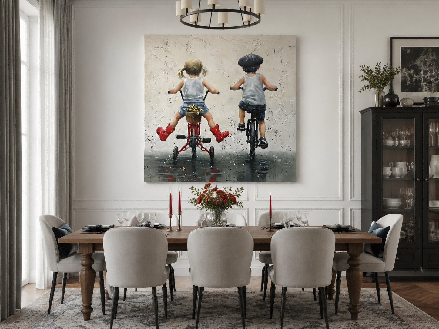 Charming Kids Riding Bikes In Rain Original Oil Painting Square Canvas Wall Art For Nursery
