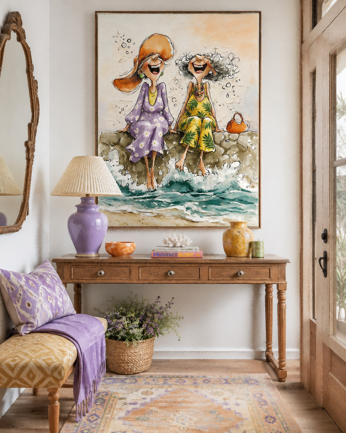 Whimsical Illustrative Oil Painting Of Women At Beach With Textured Canvas Finish