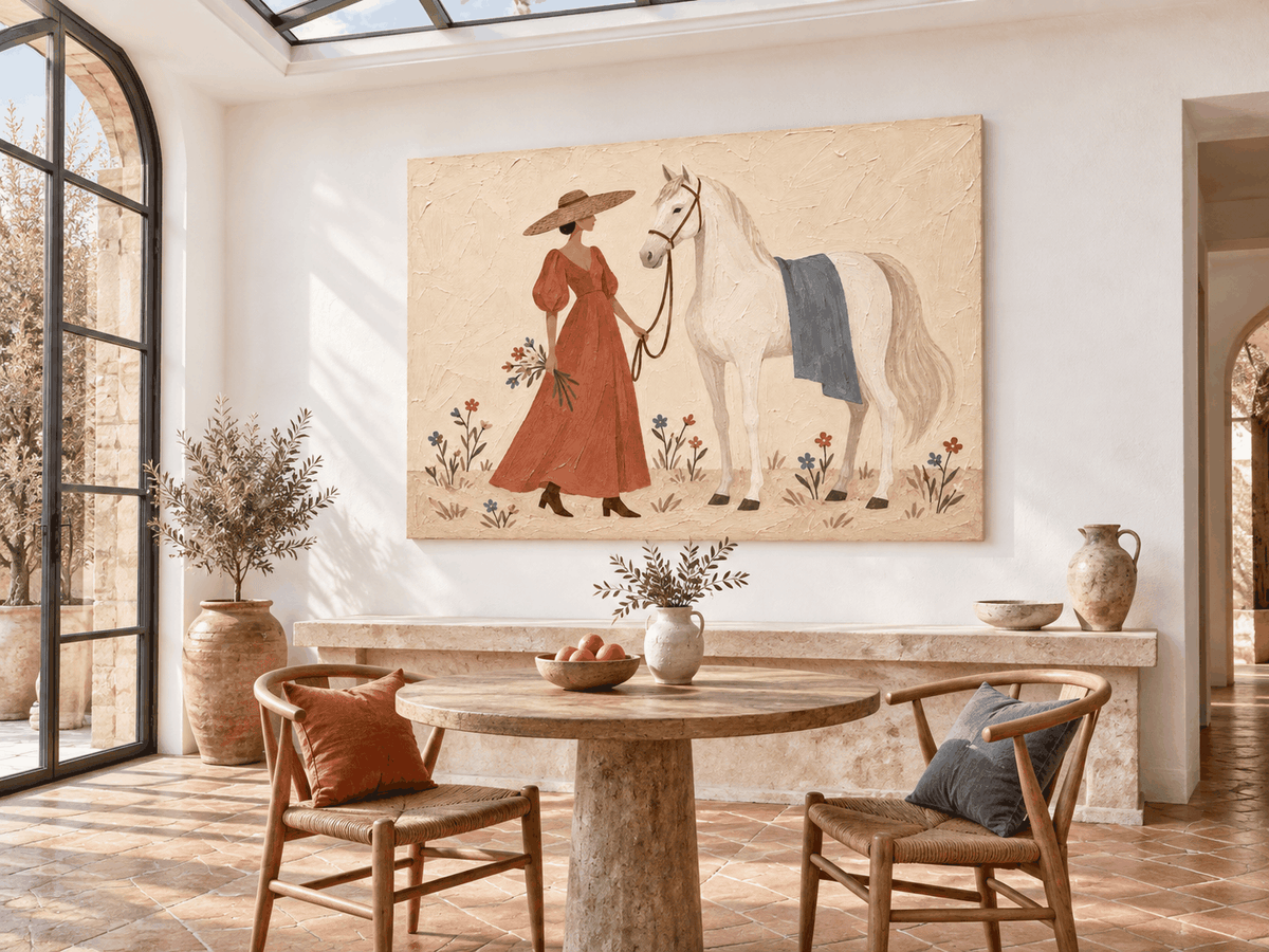 Woman With White Horse Hand-Painted Canvas Art In Vintage Red Dress