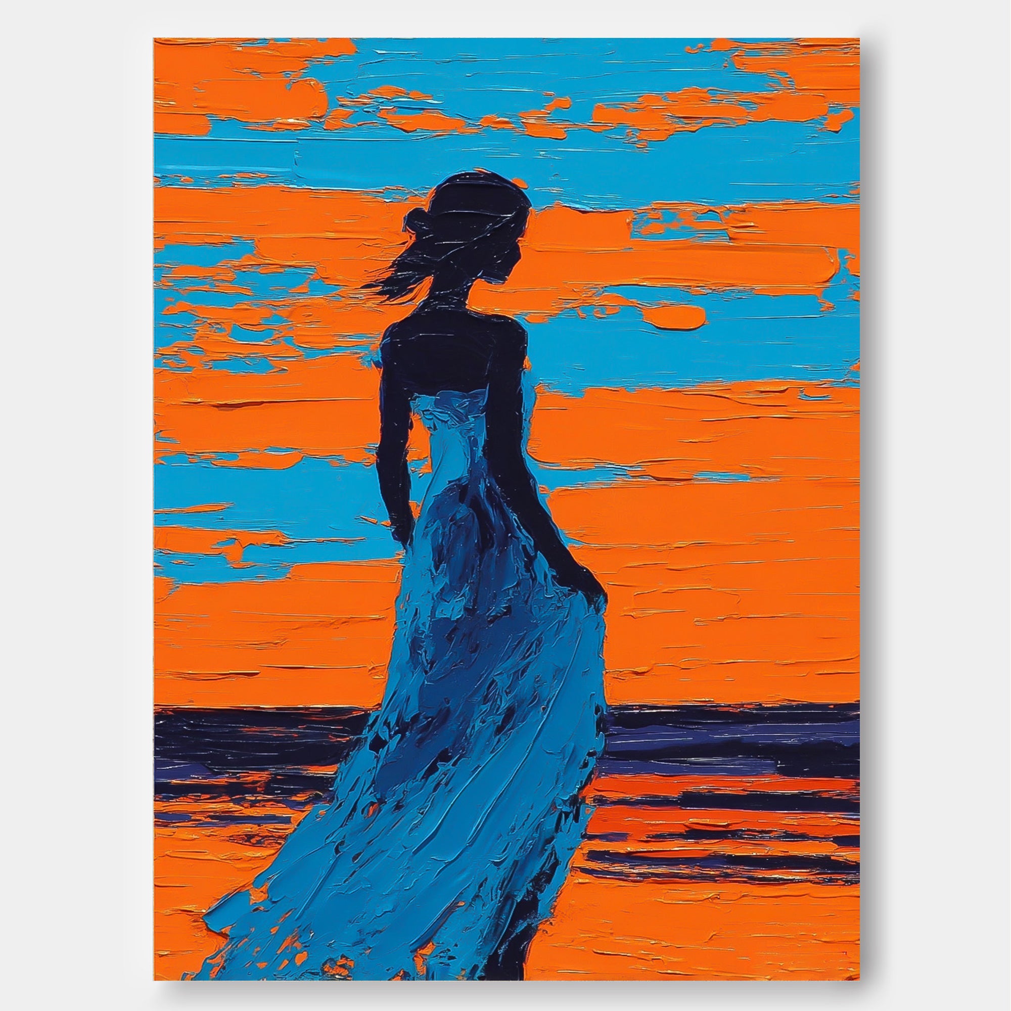 Contemplative Woman Silhouette Against Sunset Ocean Original Oil Painting For Wall Art