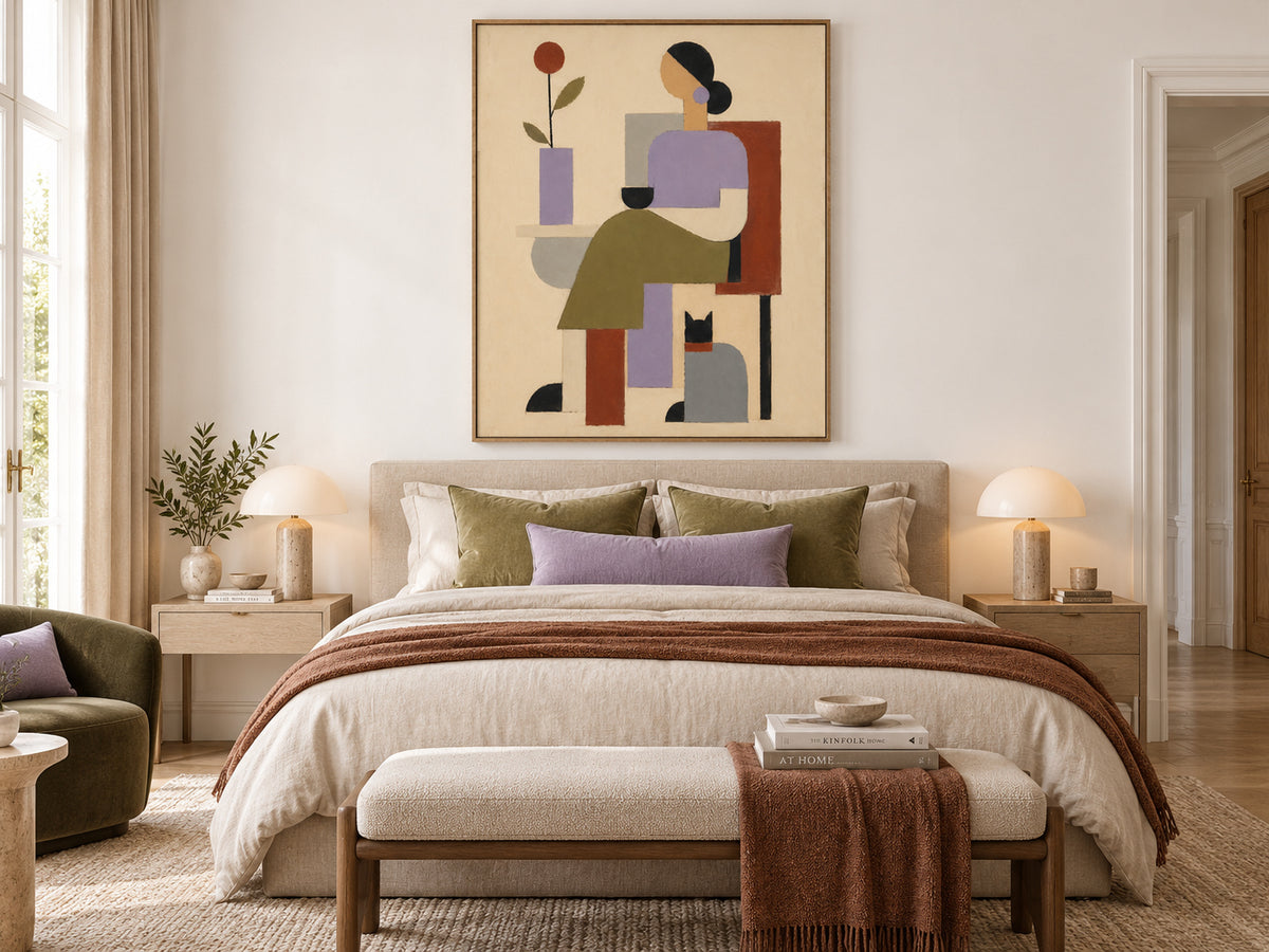 Woman And Cat Geometric Canvas Painting In Morandi Tones