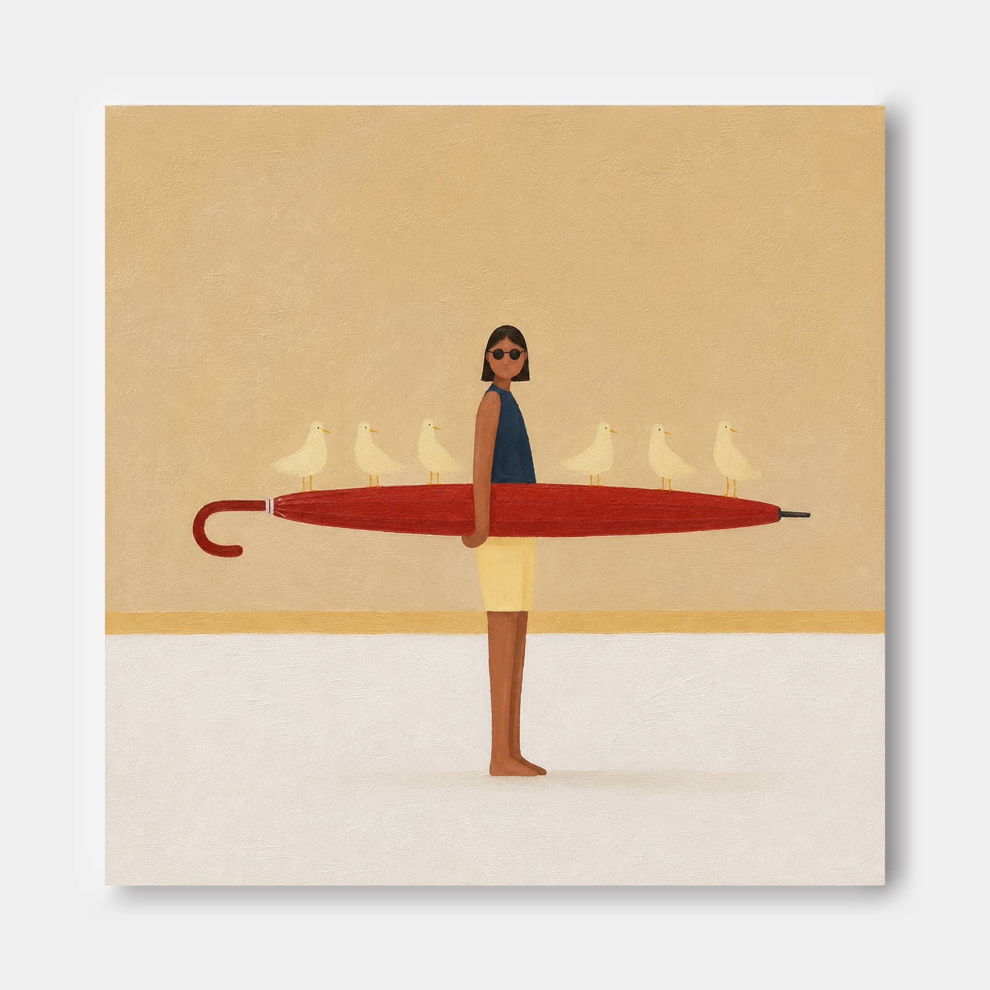 Woman With Red Umbrella And Birds Hand-Painted Canvas Art Abstract Figurative Painting With Playful Modern Aesthetic