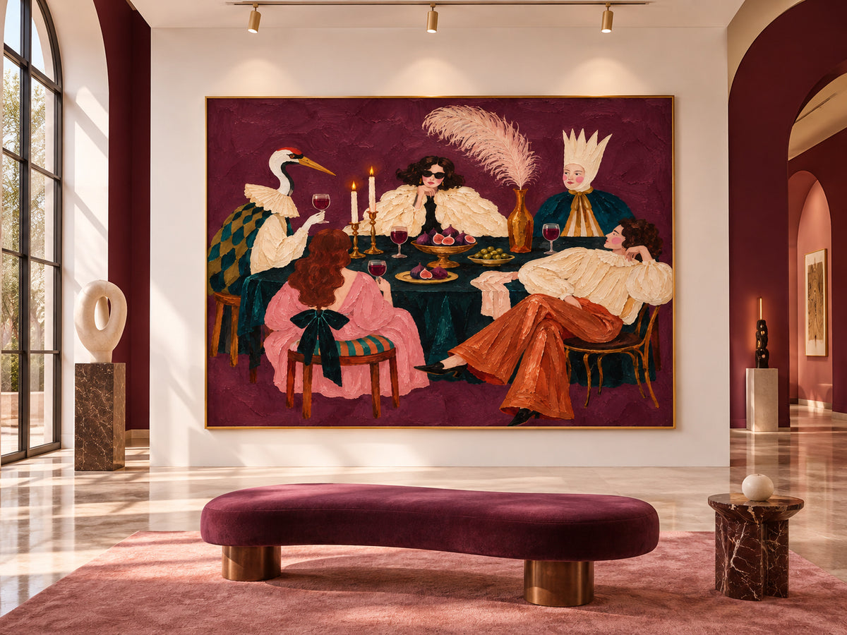 Textured Impasto Surrealist Art Modern Vintage Style Canvas Painting Unique Purple Wall Art For Dining Room