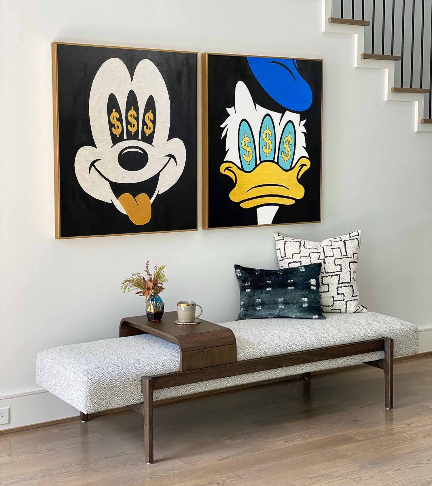 Set of 2 Large Abstract Modern Square Original Oil Paintings On Canvas Graffiti Disney Characters Wall Art