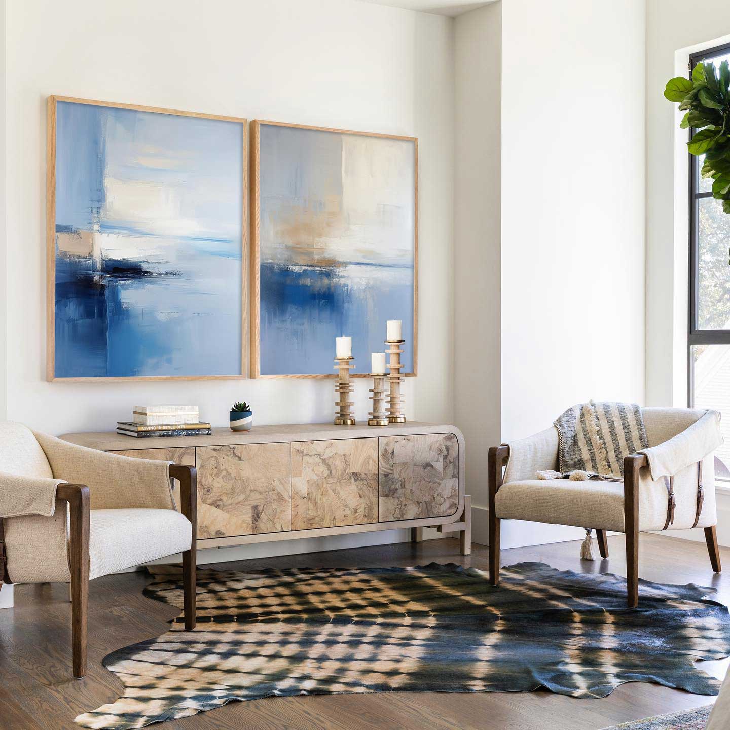 Set of 2 Big Original Warm Blue Painting Abstract Oil Painting Modern Wall Art Living Room Decor