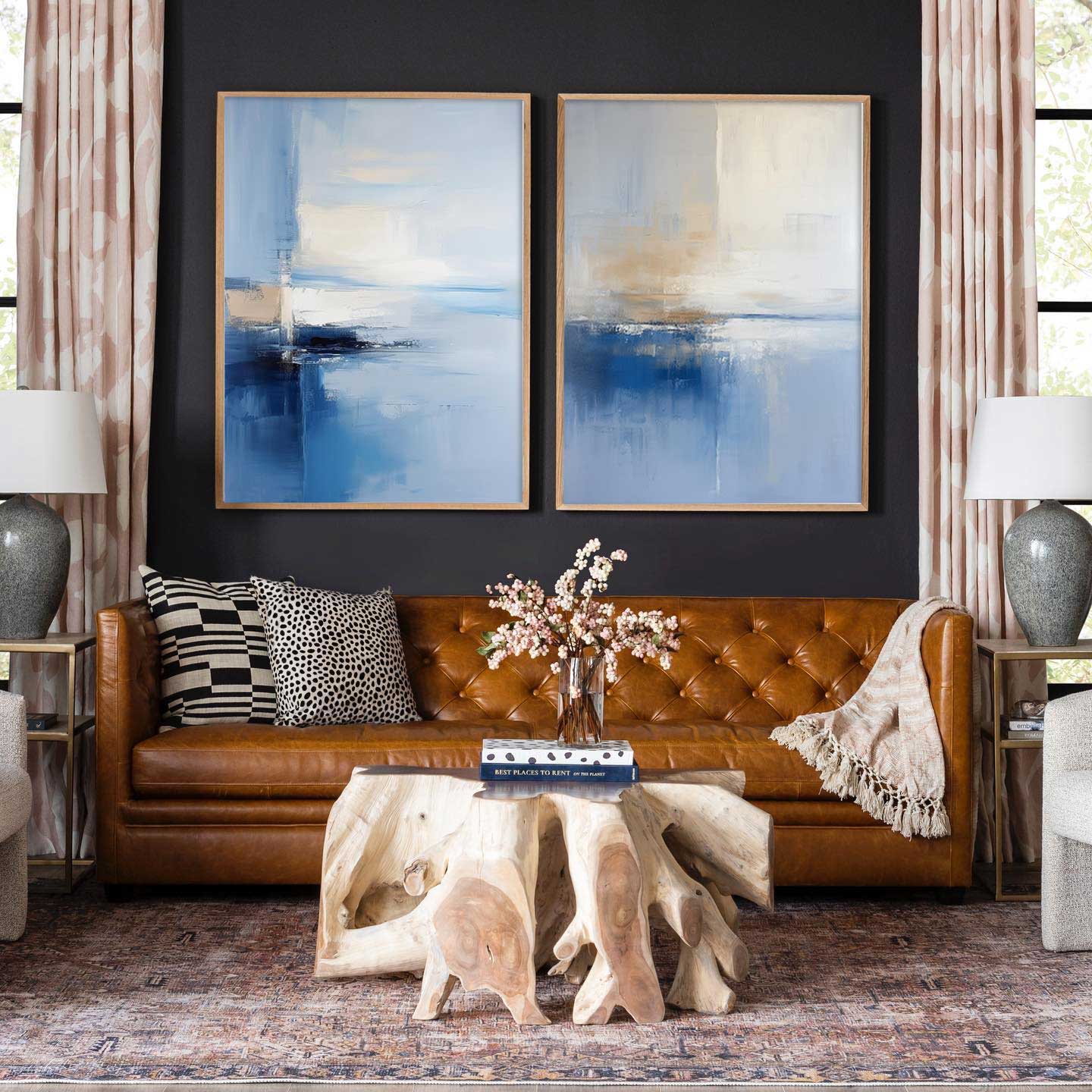 Set of 2 Big Original Warm Blue Painting Abstract Oil Painting Modern Wall Art Living Room Decor