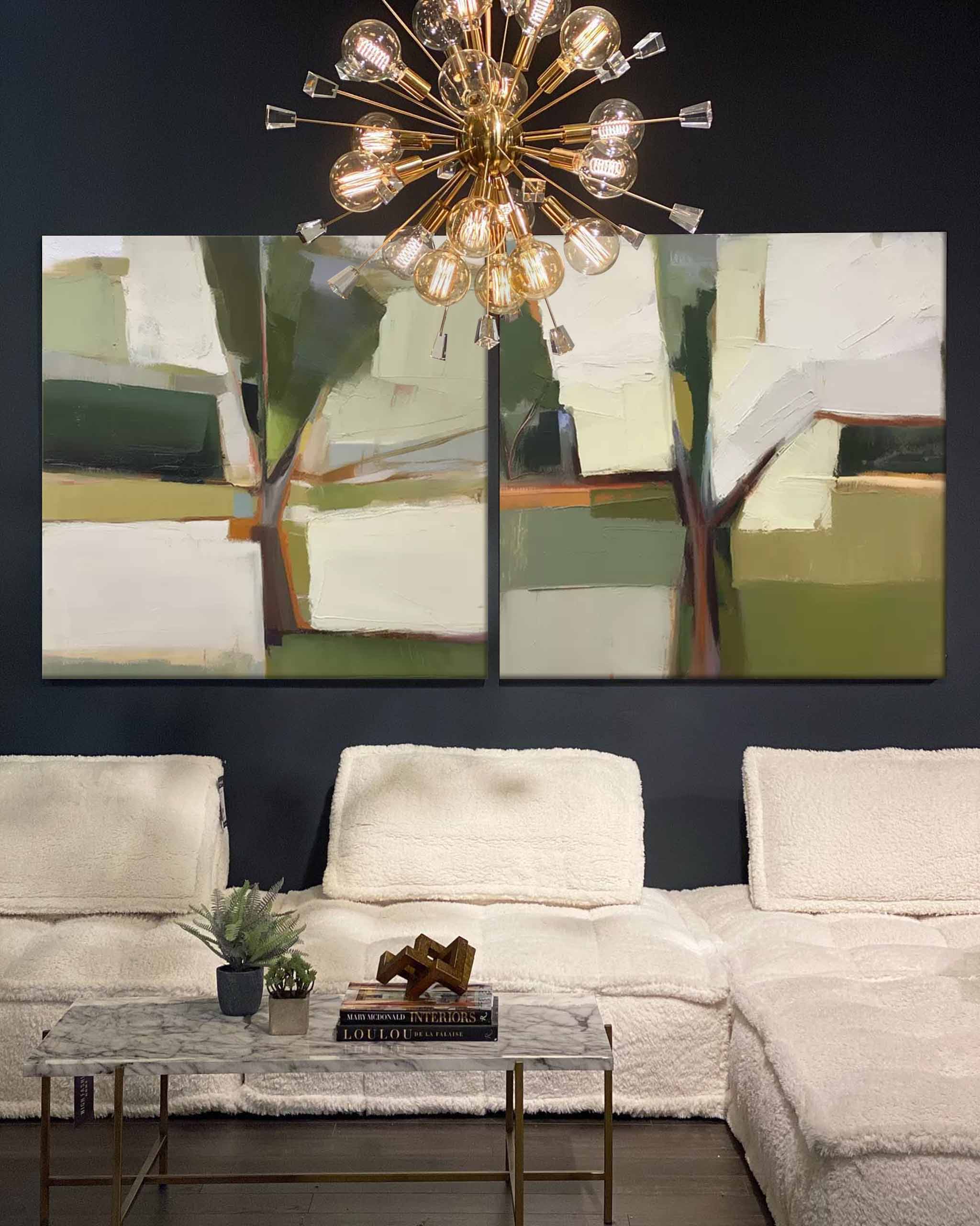 Set of 2 Large Abstract Modern Blue Square Original Tree Oil Paintings On Canvas Texture Wall Art Living Room Decor