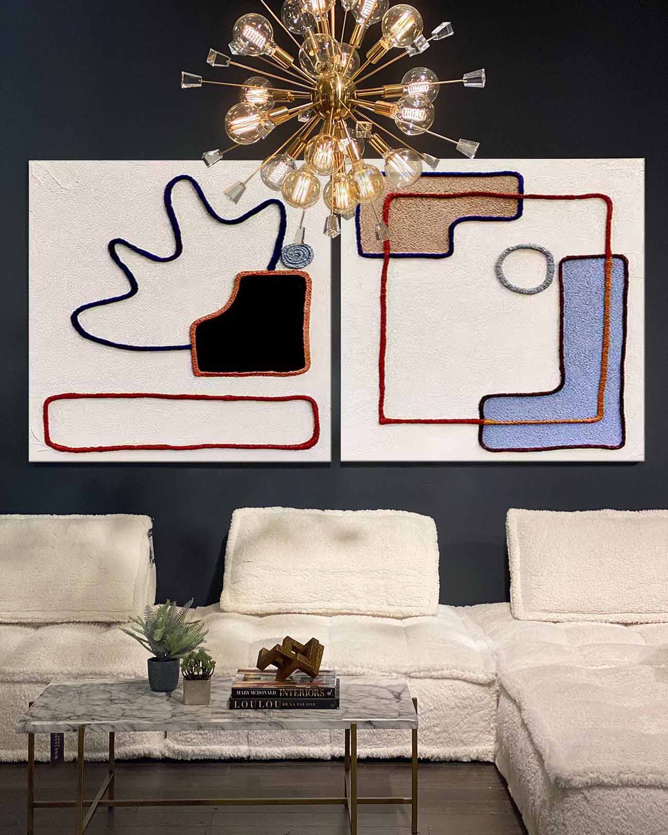 Set of 2 Large Abstract Square Original Minimalist Lines Oil Paintings On Canvas Modern Wall Art Home Decor