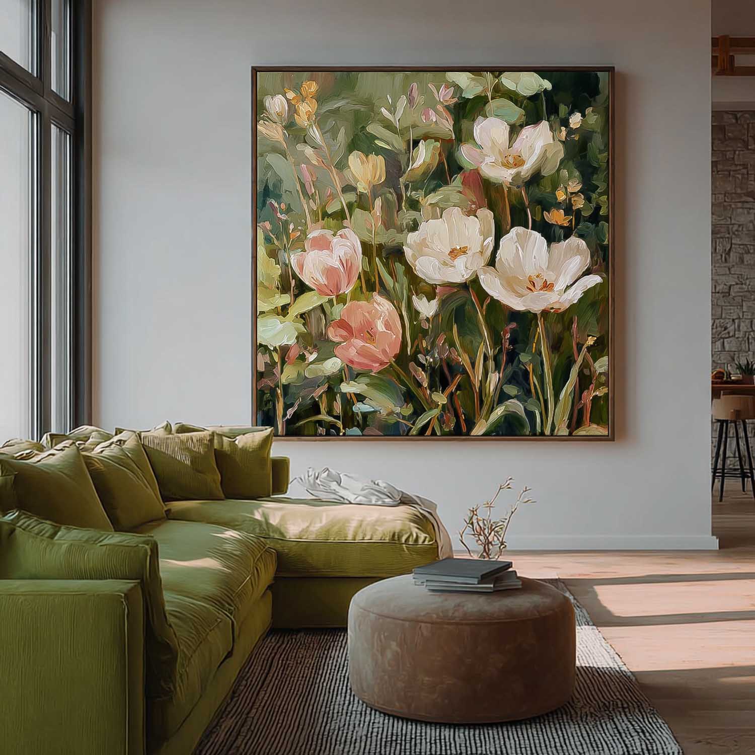 Square Vintage Oil Painting Style Tulips In White And Pink With Sage Green Leaves Cottagecore Wall Decor