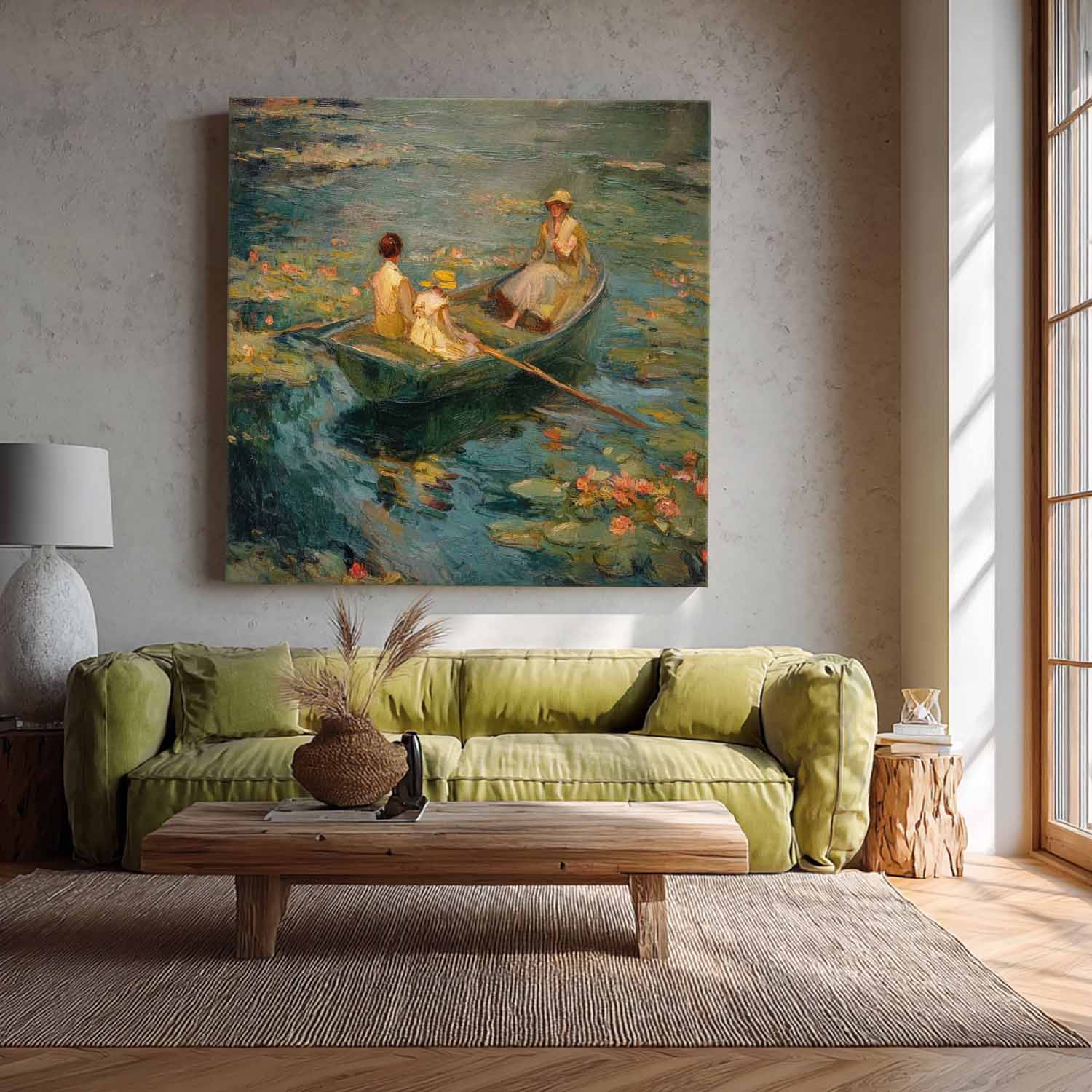 Impressionist Row Boat Water Lilies Art Serene Lake Vintage Cottagecore Painting Relaxing Idyllic Home Ambiance