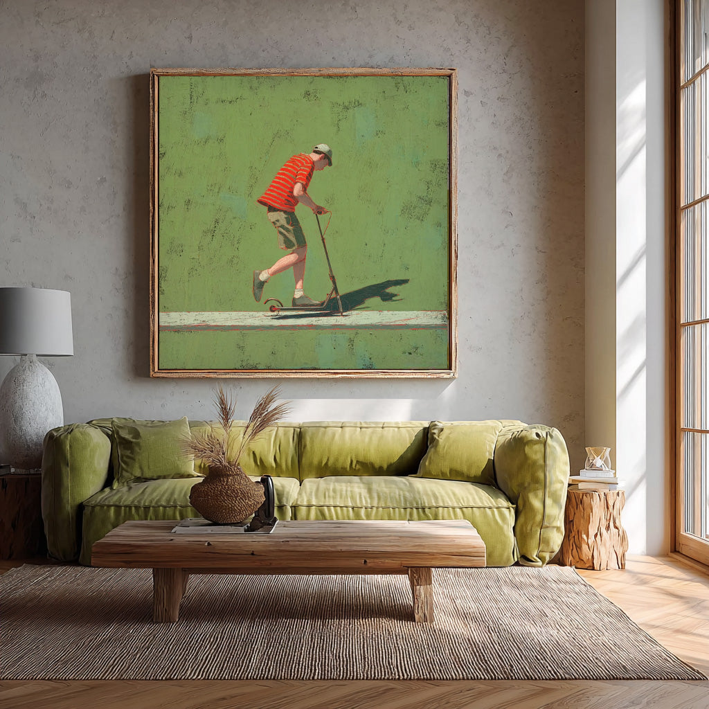 Abstract Warm And Peaceful Atmosphere Landscape Green Wall Art Minimalist Boy Riding A Scooter Painting