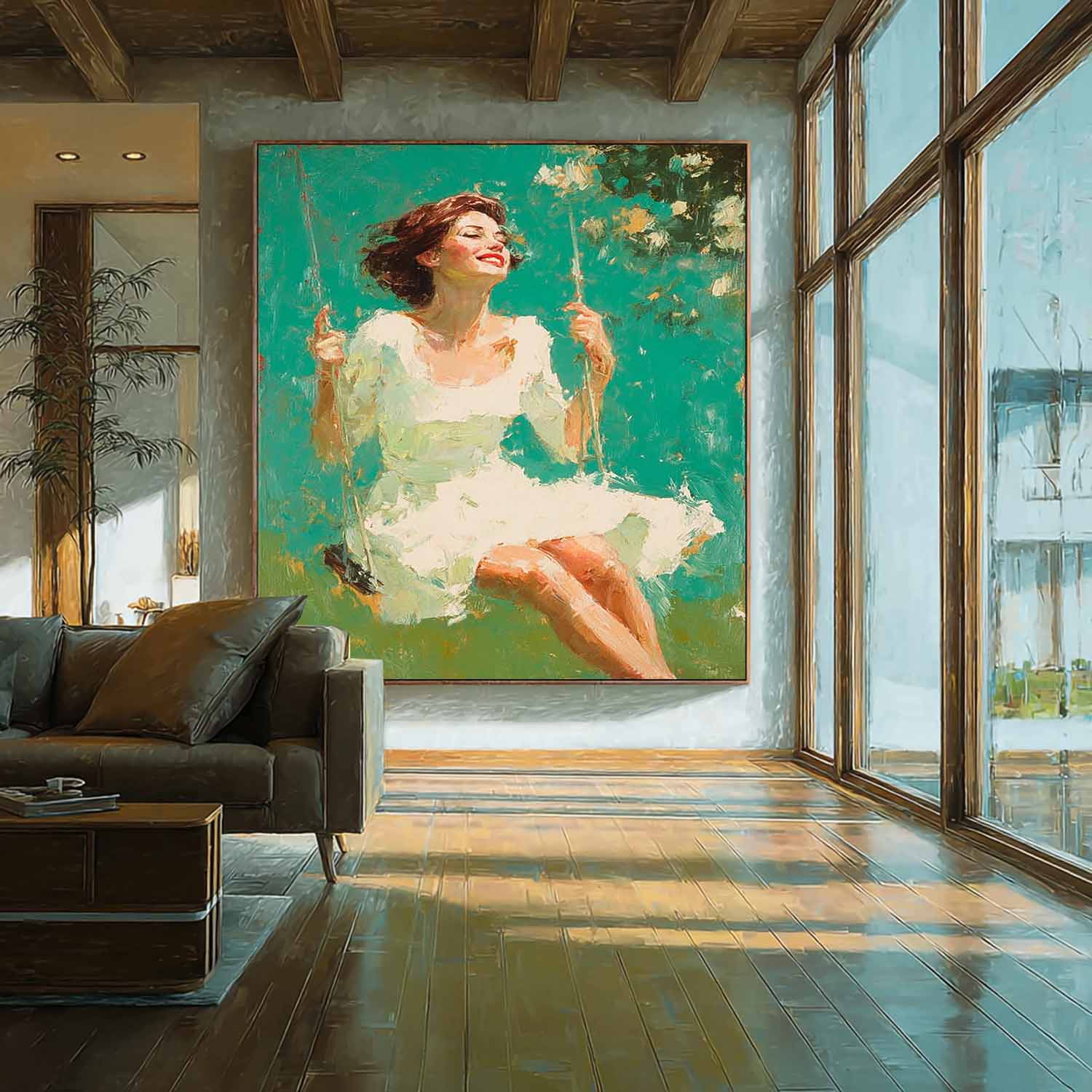 Custom Oil Painting of Woman On Swing Unique Modern Art for Wall Decor One-Of-A-Kind Handpainted Artwork