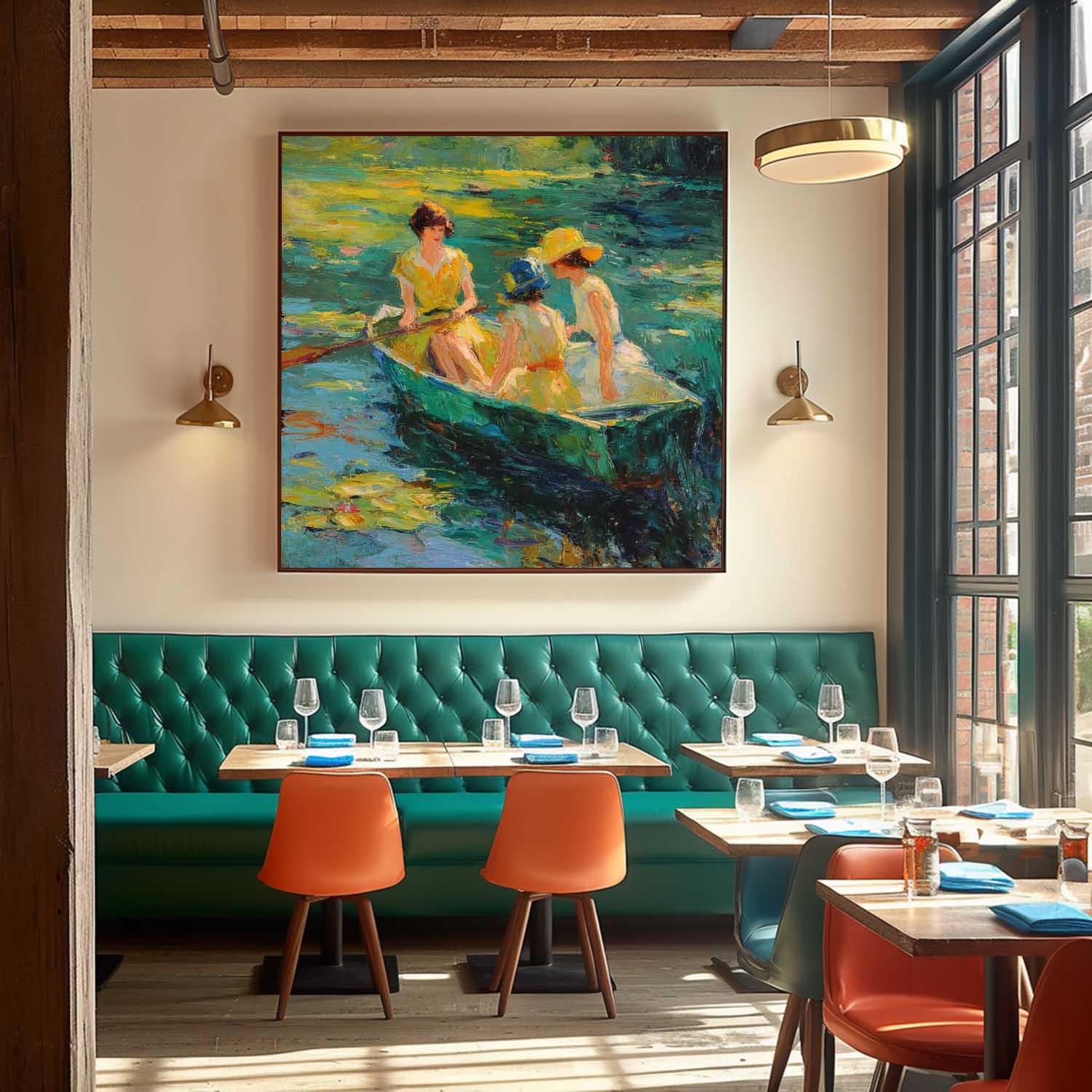 Hand-Painted Art Ladies In Vintage Yellow Dresses Boating On Lily Pond Impressionist Scene Home Wall Decor