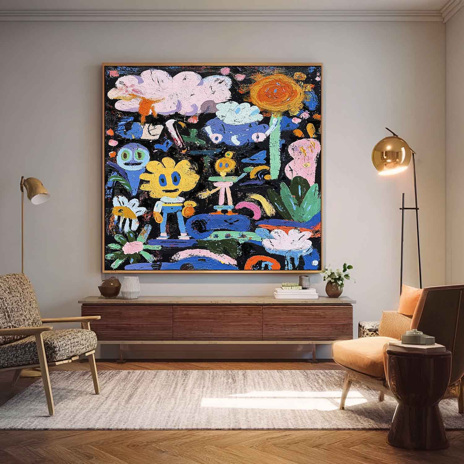 Colorful Doodle Impasto Oil Painting Whimsical Pop Art Vibrant Sun & Flower Abstract Playful Texture Artwork