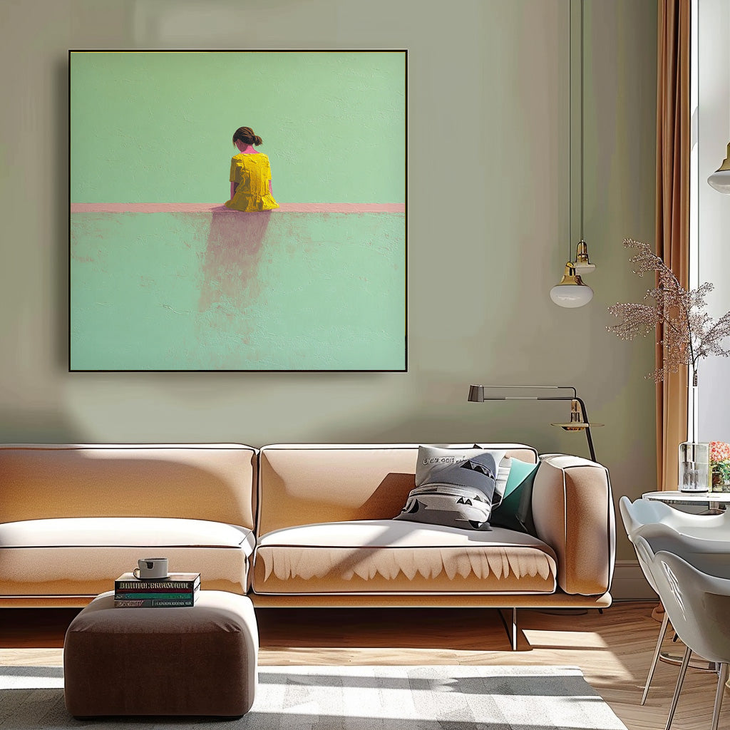 Minimalist Girl View Of Back Painting Green Wall Art Abstract Warm atmosphere Art For Living Room