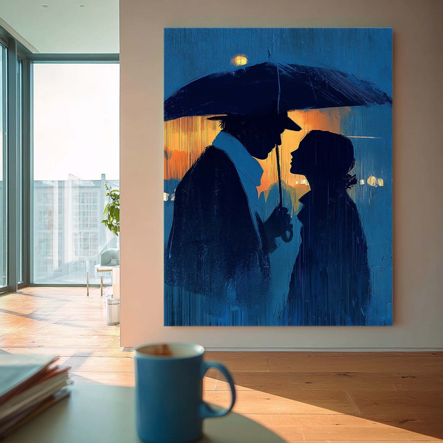 Original Couple In Rain Oil Painting Moody Blue Night Art Unique Gift For Couples Romantic Wall Art Canvas