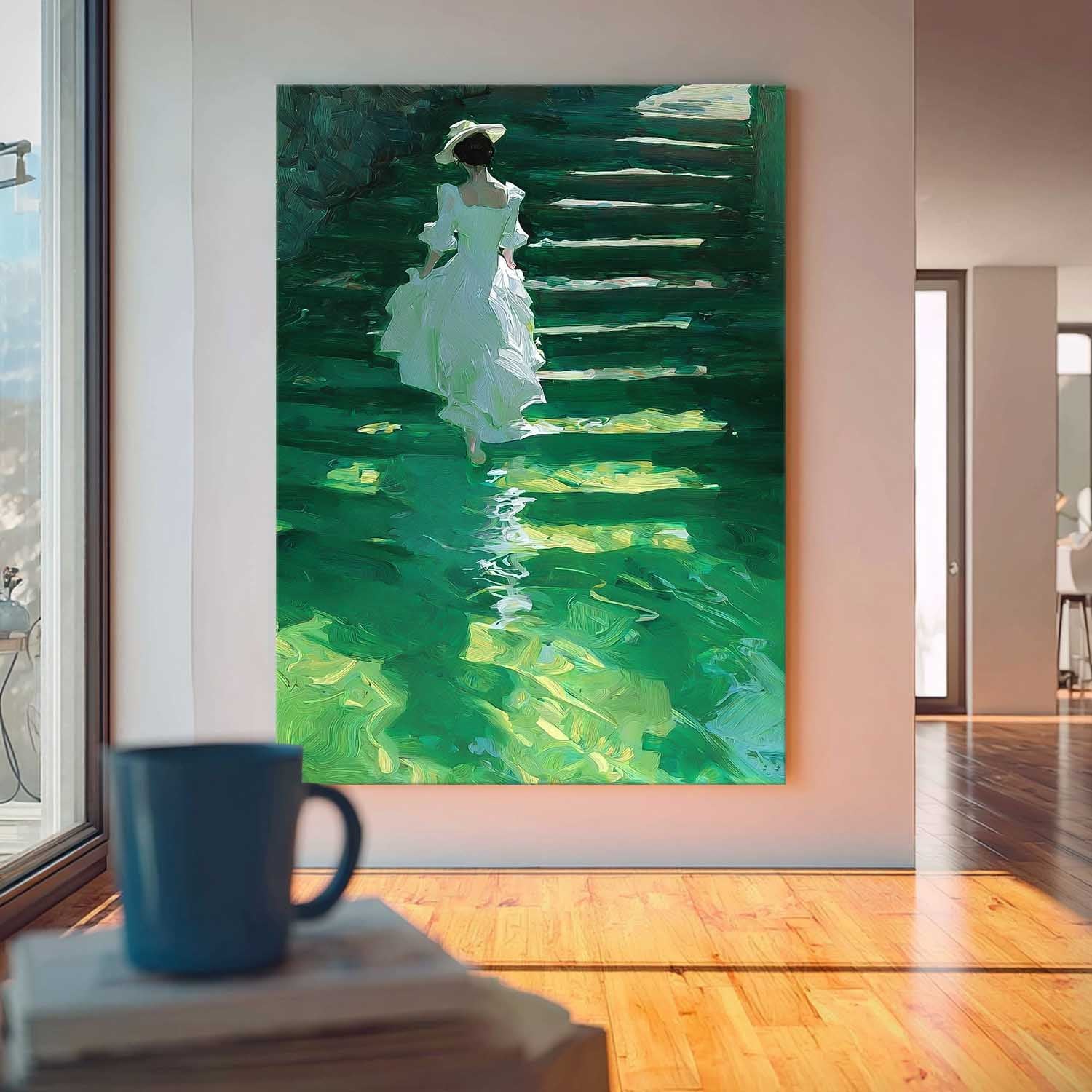 Green Toned Vintage Oil Painting Of Female Figure In White Dress On Water Stairs Artistic Wall Decor