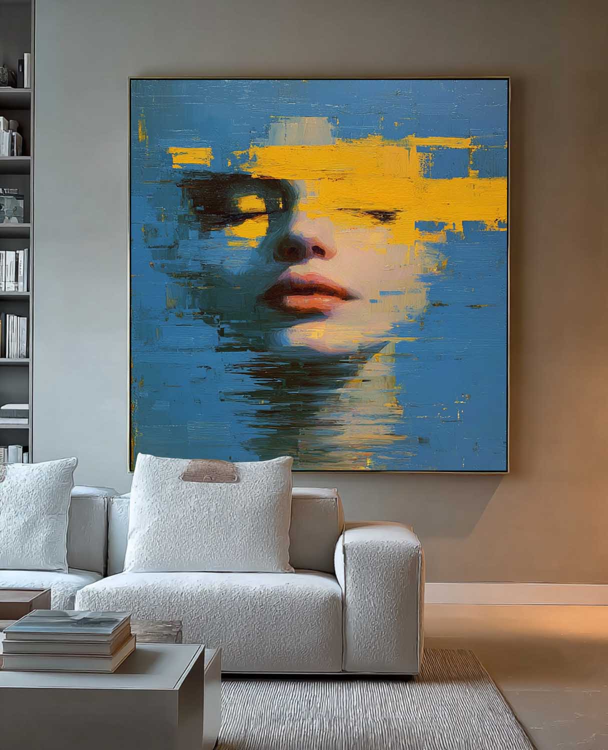 Abstract Face & Ocean Fusion Oil Painting Modern Blue-Yellow Contrast Wall Art Unique Home Decor Artwork