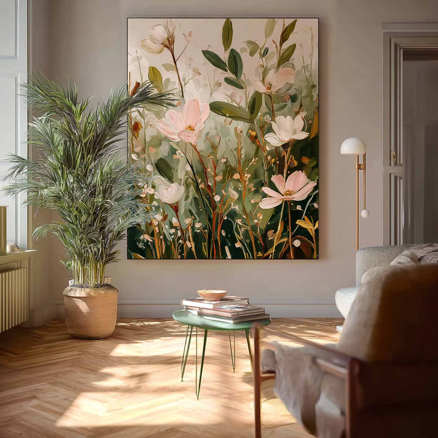 Soft Botanical Floral Oil Painting Sage Green & Blush Pink Wall Art Large Modern Wildflower Floral Wall Decor