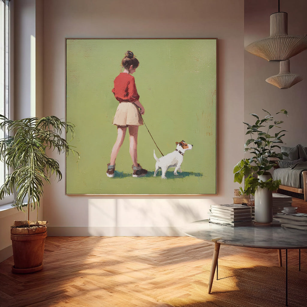 Green Grassland Wall Art Minimalist Girl Walking The Dog Painting Abstract Warm And Peaceful atmosphere