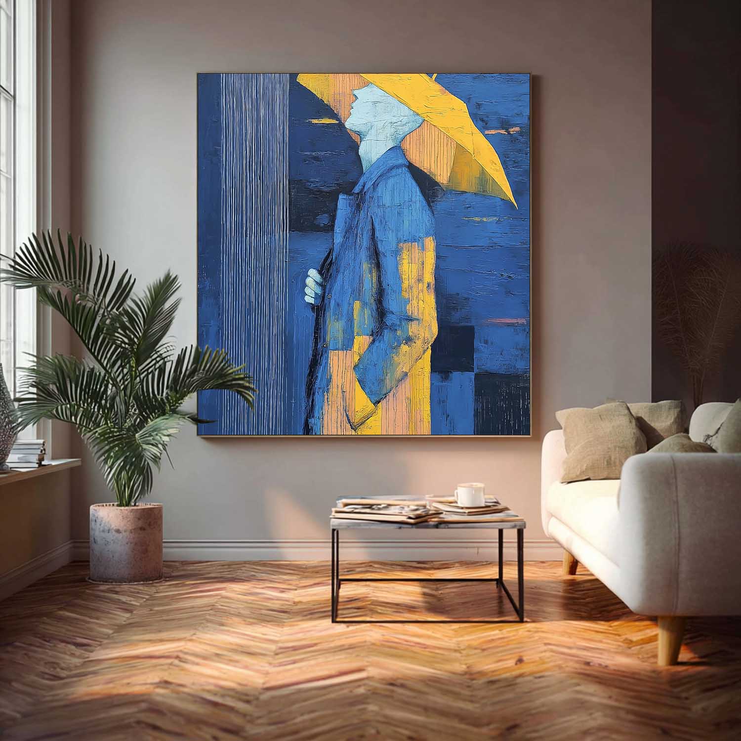 Blue Yellow Umbrella Modern Abstract Oil Painting Original Wall Art For Living Room Decor Handmade Canvas