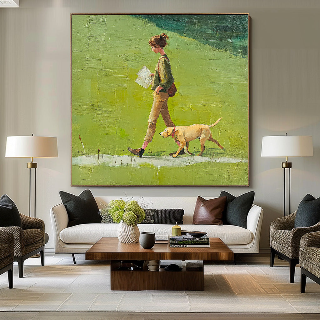 Minimalist Girl Walking The Dog Painting Abstract Warm And Peaceful atmosphere Landscape Green Grassland Wall Art
