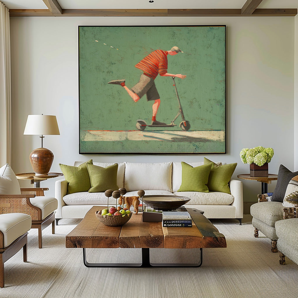 Landscape Green Wall Art Abstract Warm And Peaceful Atmosphere Minimalist Boy Riding A Scooter Painting