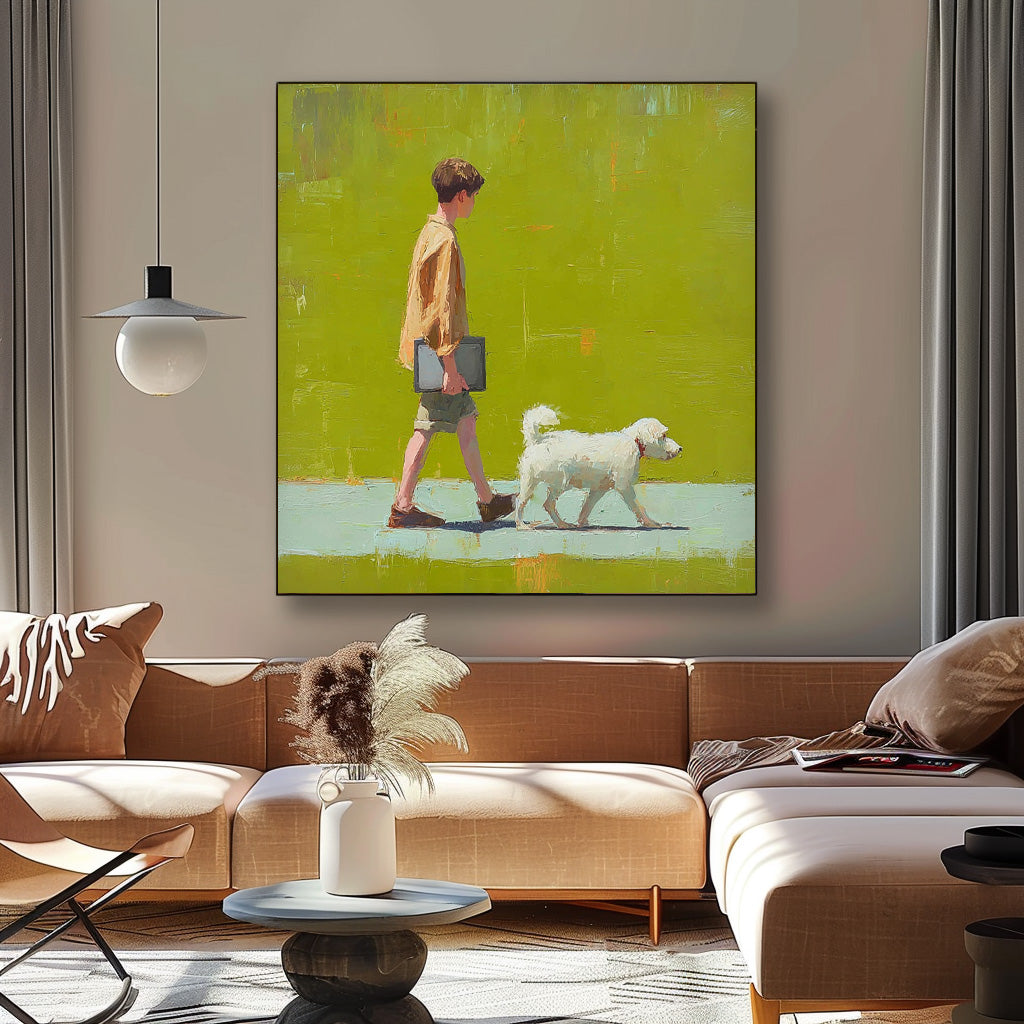 Minimalist Boy Walking The Dog Painting Abstract Peaceful atmosphere Landscape Green Grassland Wall Art