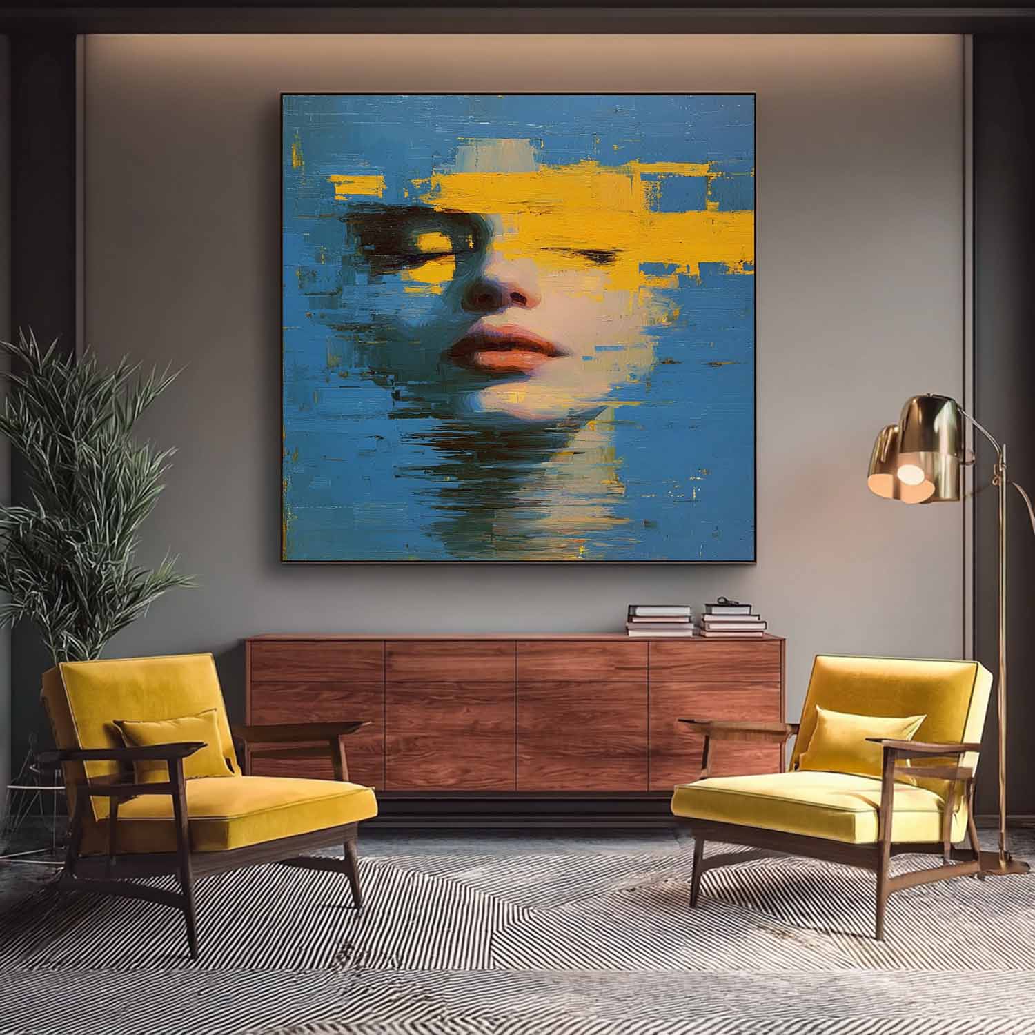 Abstract Face & Ocean Fusion Oil Painting Modern Blue-Yellow Contrast Wall Art Unique Home Decor Artwork