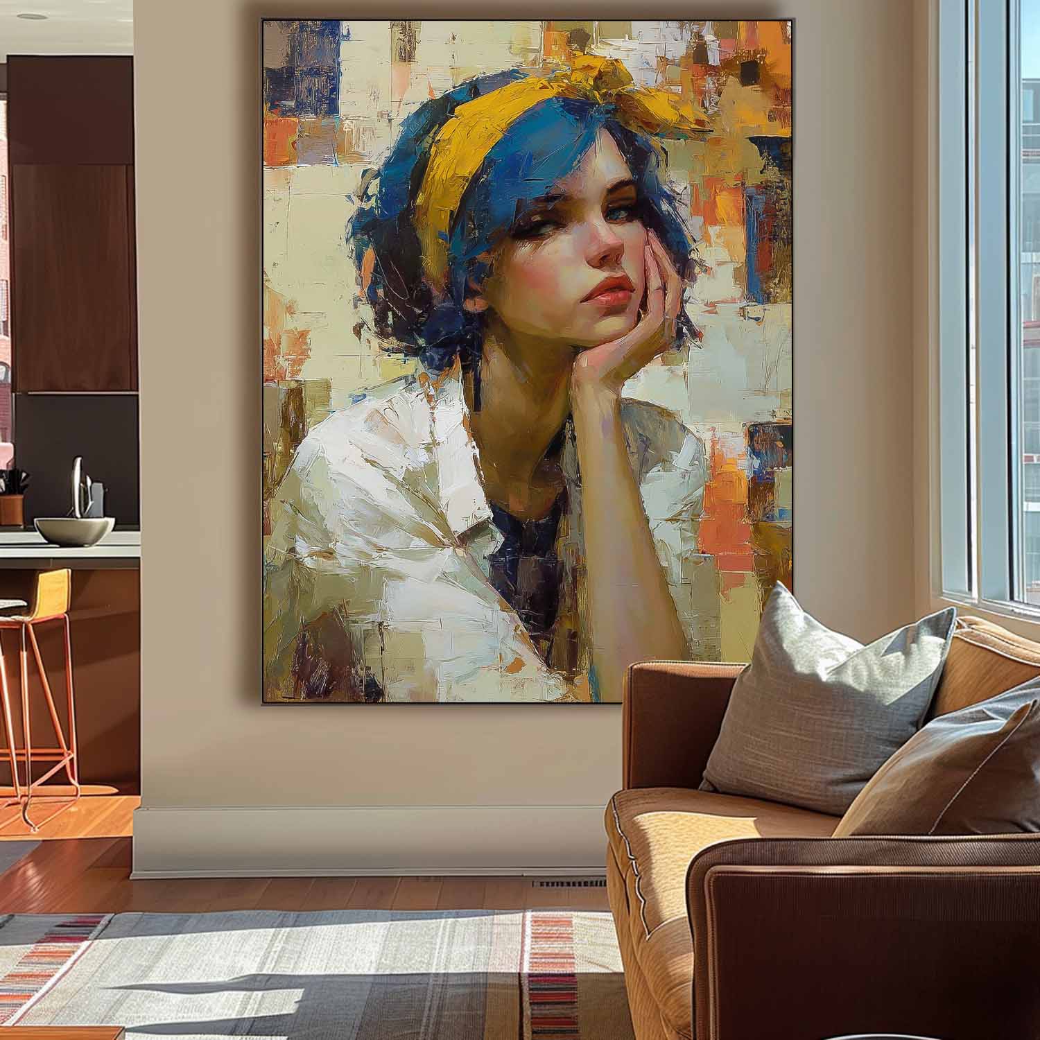 Modern Female Portrait Abstract Oil Painting Blue Hair Girl Wall Art Impasto Textured Canvas For Living Room