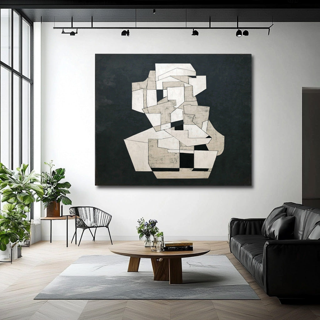 Modern Canvas Painting For Home Decor Abstract Geometric Black & White Wall Art Minimalist Unique Artwork