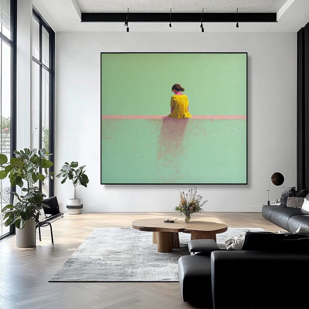 Minimalist Girl View Of Back Painting Green Wall Art Abstract Warm atmosphere Art For Living Room