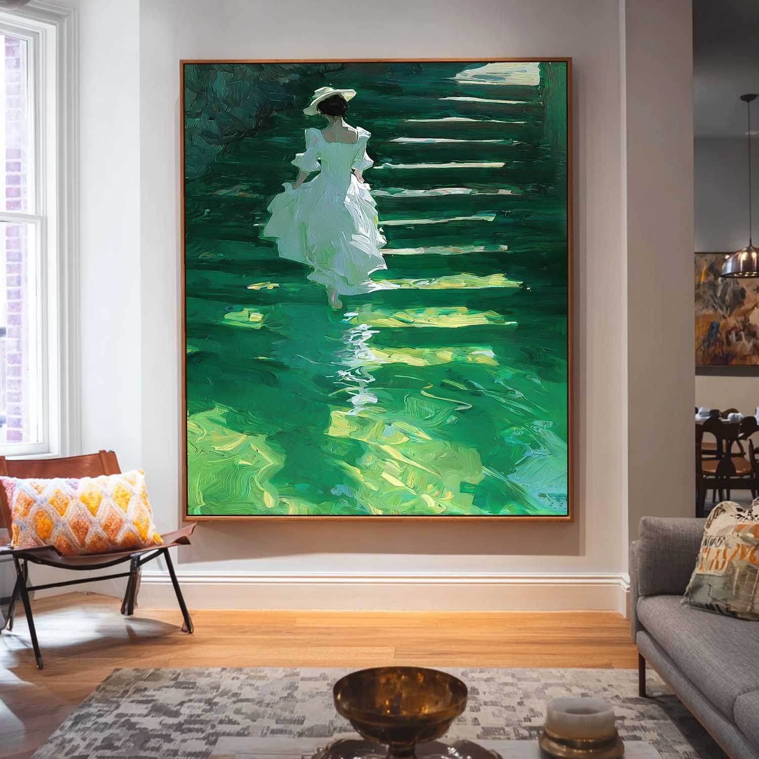 Green Toned Vintage Oil Painting Of Female Figure In White Dress On Water Stairs Artistic Wall Decor