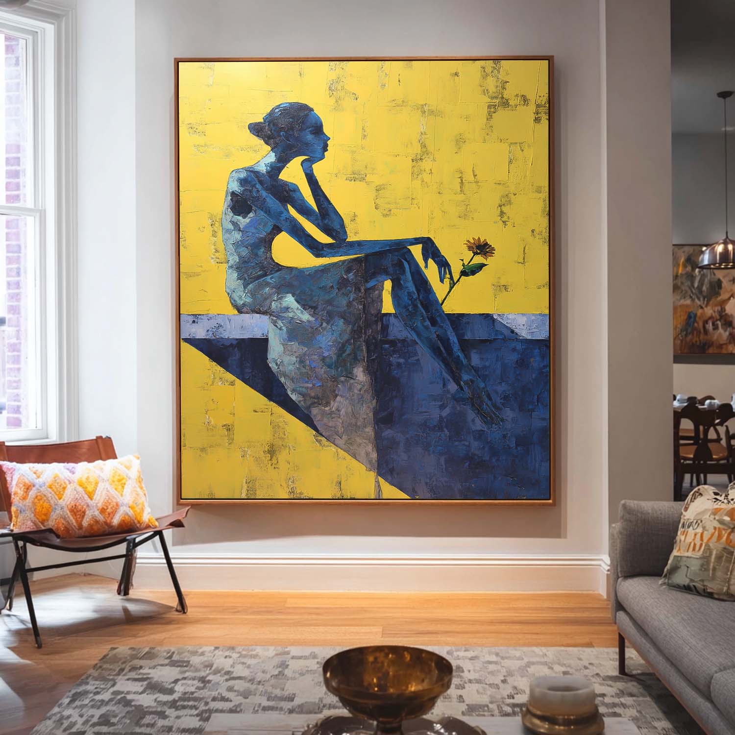 Textured Abstract Painting Pensive Lady Impasto Style Wall Art Contemporary Meditative Female Portrait Artwork