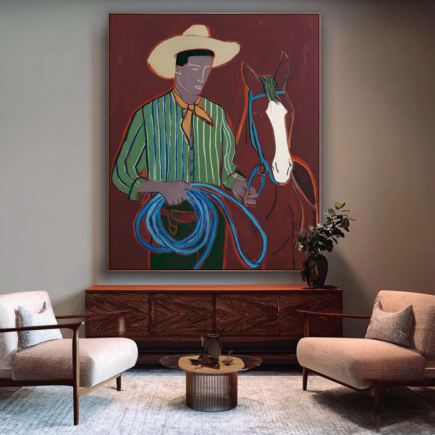 Original Vintage Western Cowboy With Horse Painting Rustic Abstract Wall Art Unique Figurative Home Decor