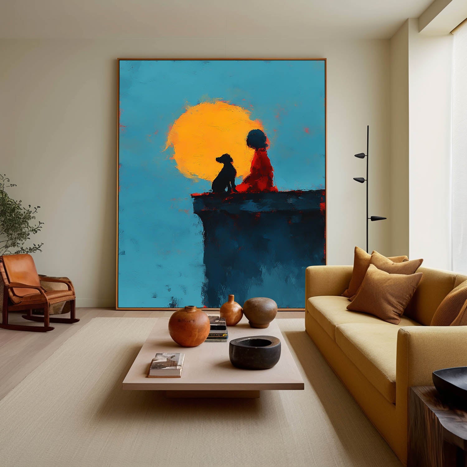 Minimalist Girl And Dog Painting Meaningful Gift Abstract Sunset Canvas Impressionist Textured Fine Art