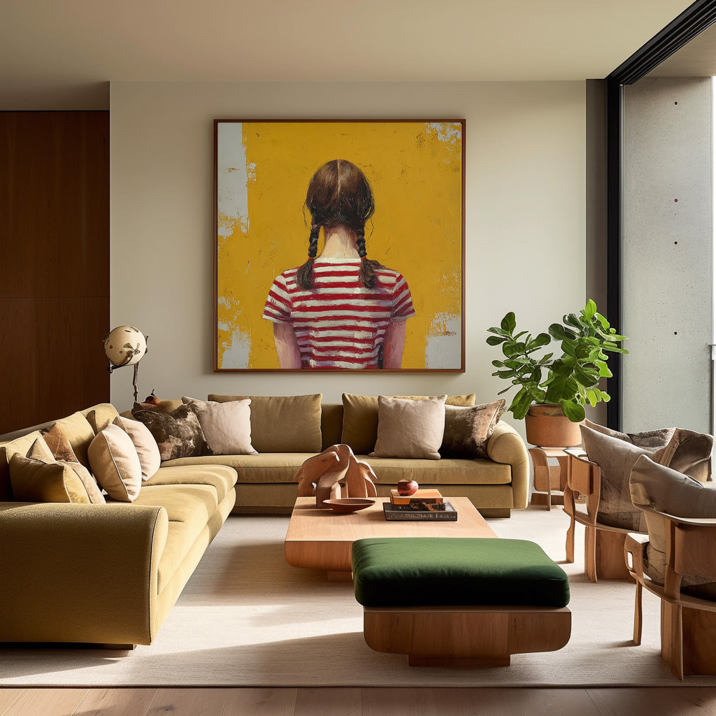 Abstract Twin-Tailed Girl Art Minimalist Child Back View Painting Original Yellow Wall Art For Living Room