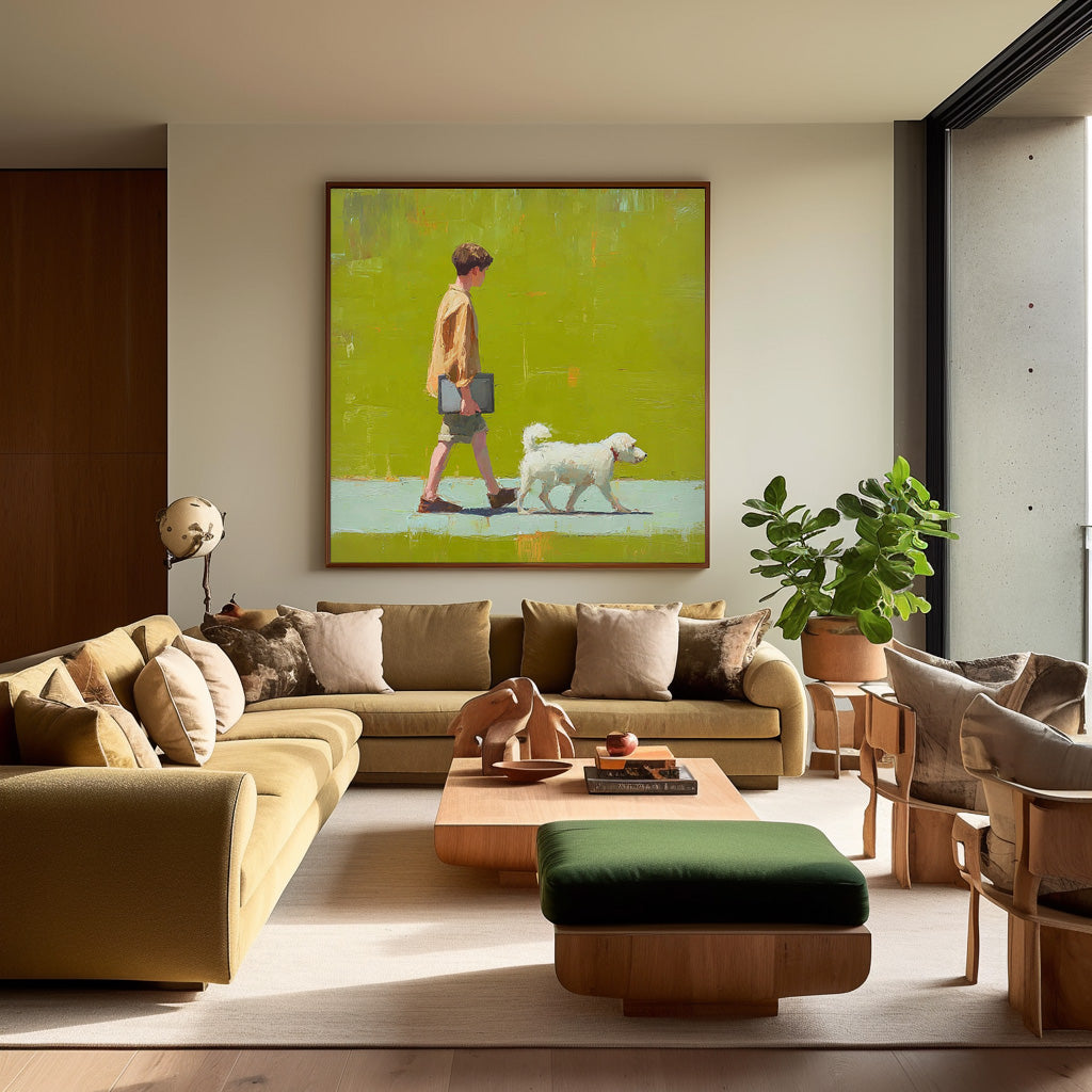 Minimalist Boy Walking The Dog Painting Abstract Peaceful atmosphere Landscape Green Grassland Wall Art