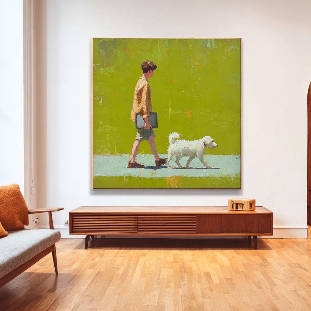 Minimalist Boy Walking The Dog Painting Abstract Peaceful atmosphere Landscape Green Grassland Wall Art