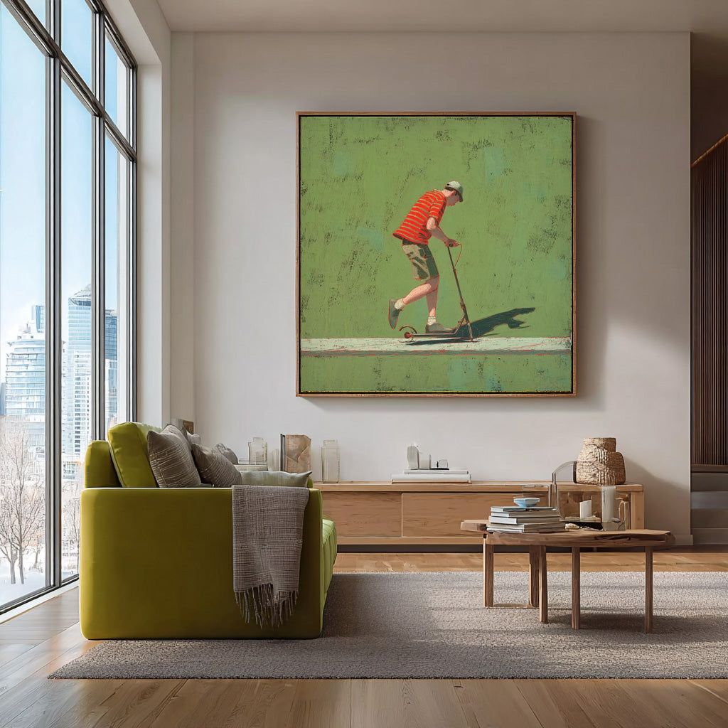 Abstract Warm And Peaceful Atmosphere Landscape Green Wall Art Minimalist Boy Riding A Scooter Painting