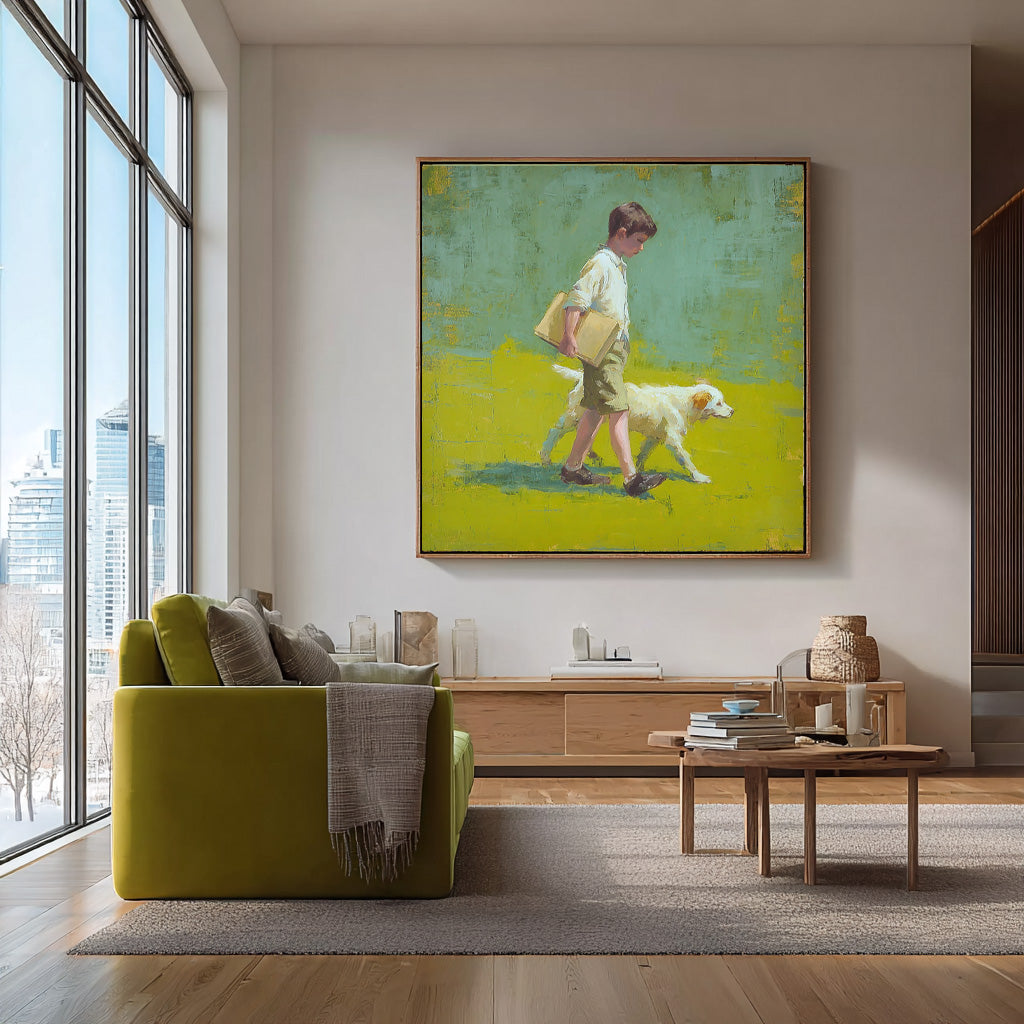Minimalist Boy Walking The Dog Painting Landscape Green Grassland Abstract Peaceful atmosphere Wall Art