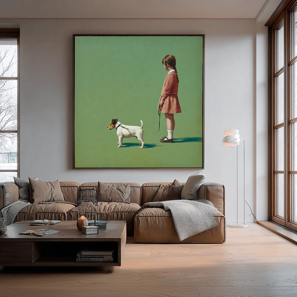 Minimalist Girl Walking The Dog Painting Green Grassland Wall Art Abstract Warm And Peaceful atmosphere