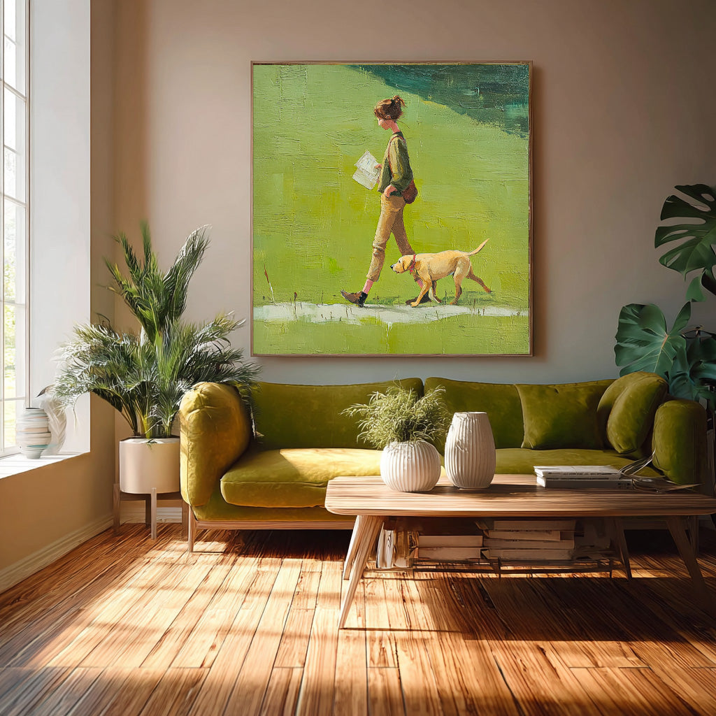 Minimalist Girl Walking The Dog Painting Abstract Warm And Peaceful atmosphere Landscape Green Grassland Wall Art