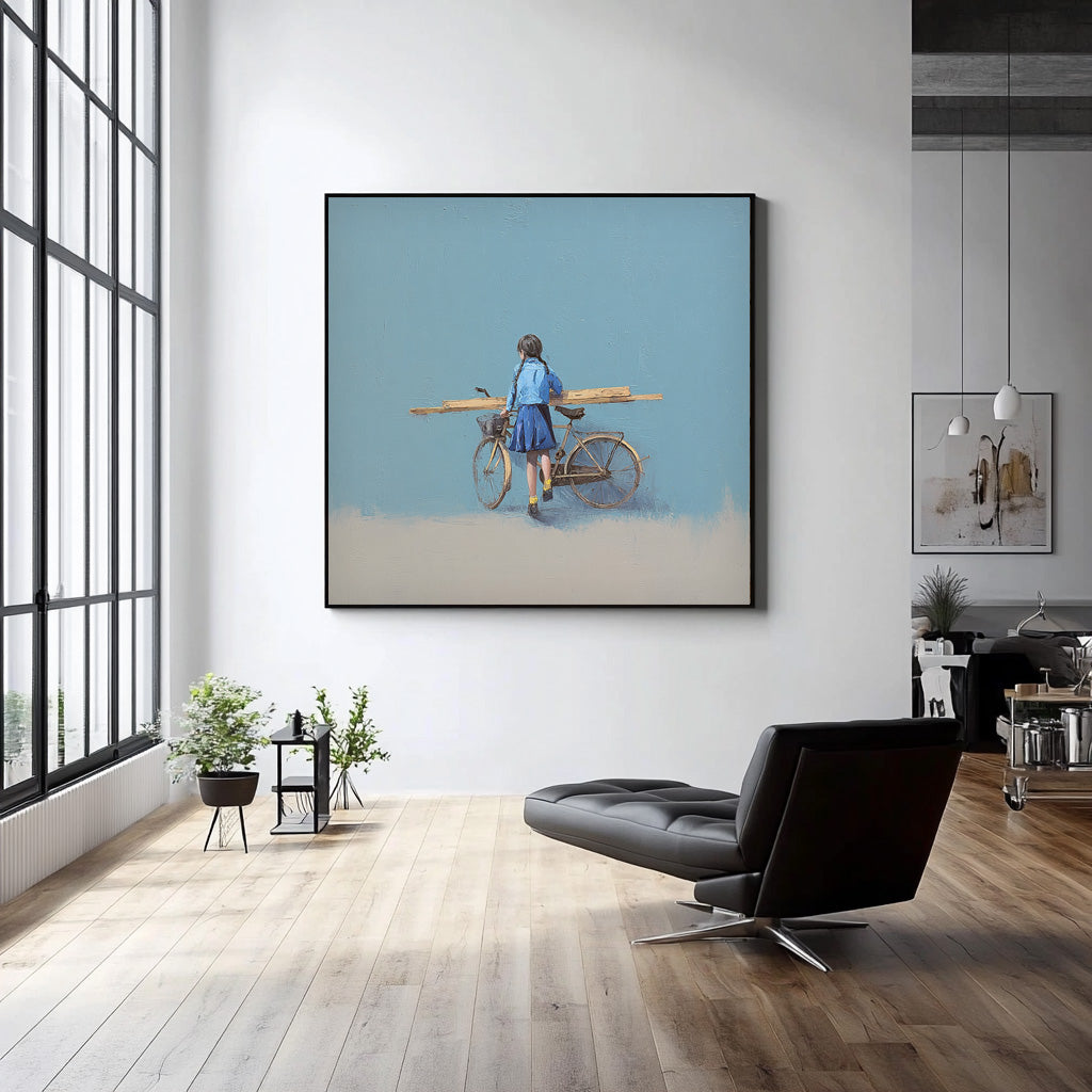 Blue Wall Art Minimalist Girl Riding A Bicycle Painting Abstract Warm atmosphere Art For Living Room