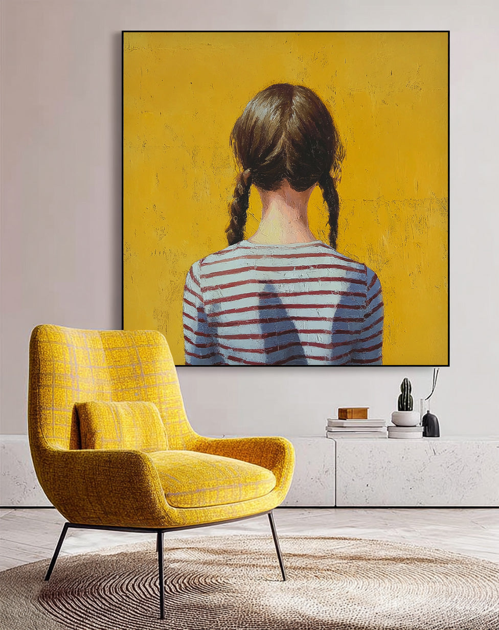 Minimalist Child Back View Painting Original Yellow Wall Art Abstract Twin-Tailed Girl Art For Living Room