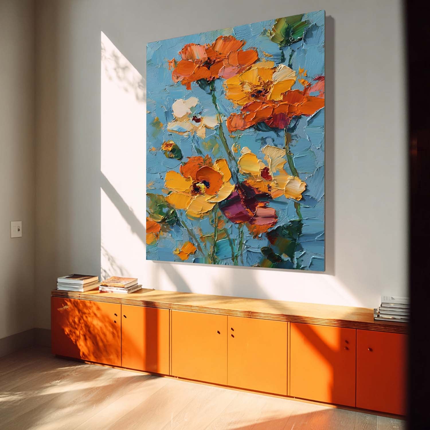 Impasto Oil Floral Bouquet Wall Art Vibrant Orange-Yellow Blooms On Teal Background Textured Modern Home Decor