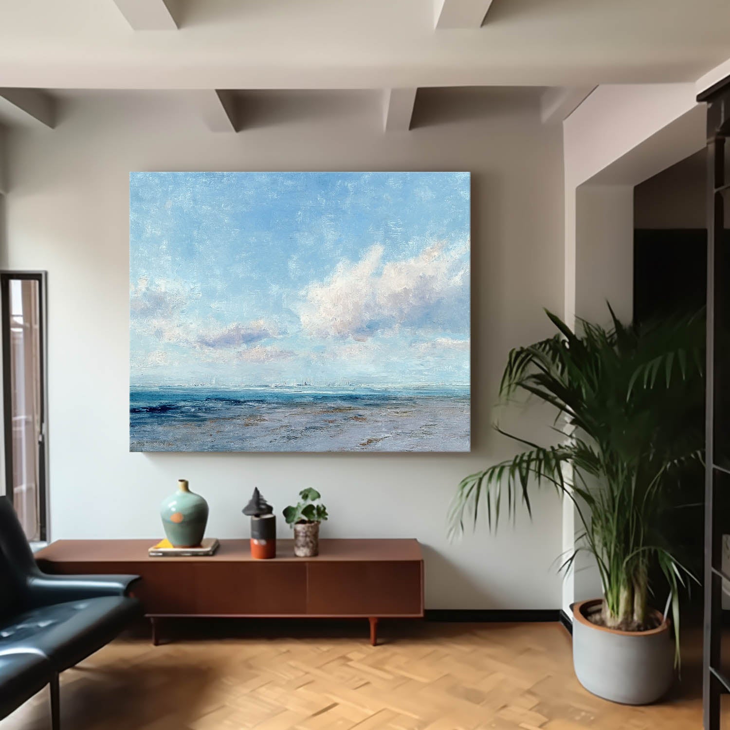Abstract Tranquil Sea View Landscape Blue sky And White Clouds Painting Large Texture Scenery Wall Art